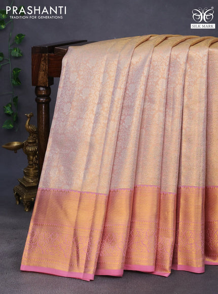 Pure kanchipuram tissue silk saree pastel peach and peach pink with allover silver zari woven brocade weaves and long rich zari woven border