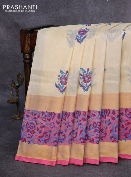 Pure uppada block printed saree off white and light pink with butta prints and rettapet zari woven border