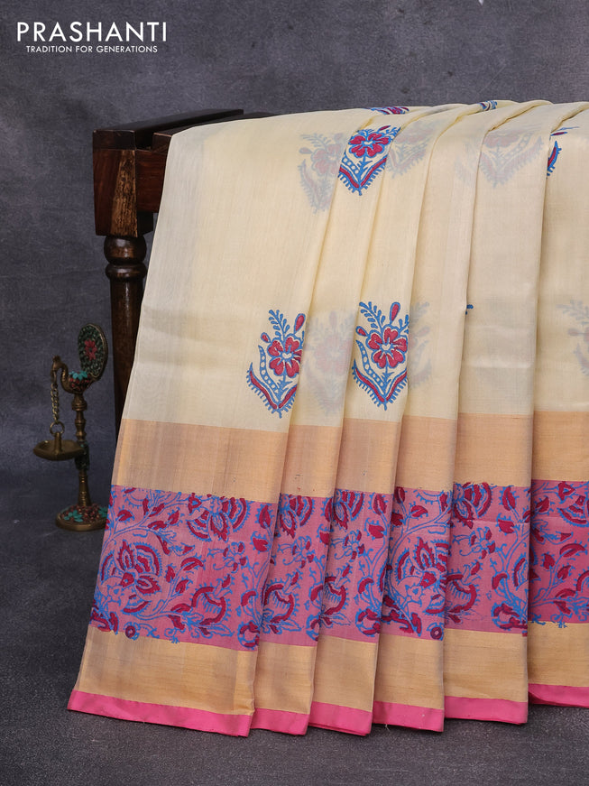 Pure uppada block printed saree off white and light pink with butta prints and rettapet zari woven border