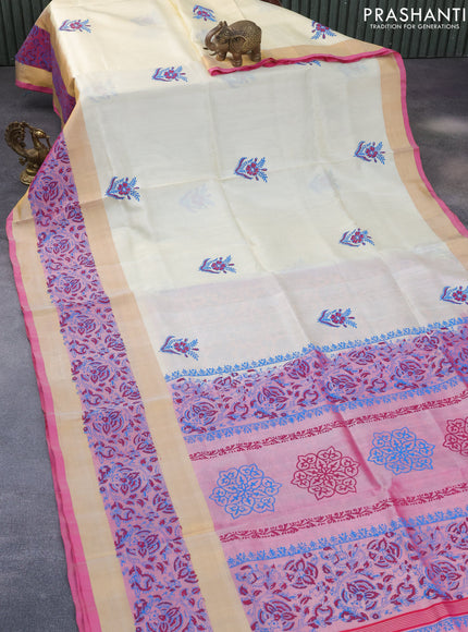 Pure uppada block printed saree off white and light pink with butta prints and rettapet zari woven border