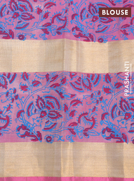 Pure uppada block printed saree off white and light pink with butta prints and rettapet zari woven border