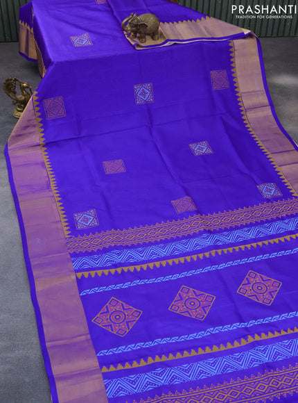 Pure uppada block printed partly saree royal blue and cream with butta prints and zari woven border