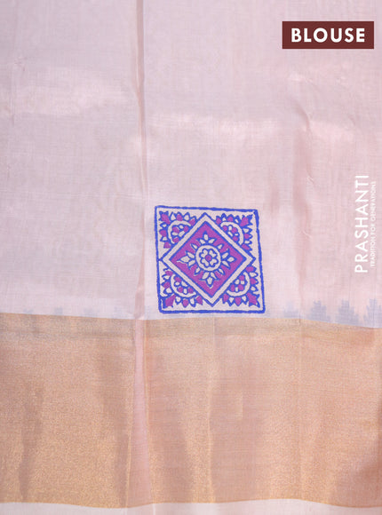 Pure uppada block printed partly saree royal blue and cream with butta prints and zari woven border