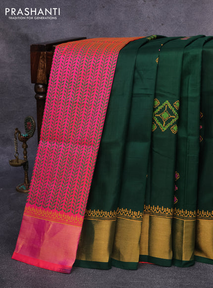 Pure uppada block printed partly saree green and dual shade of pinkish orange with butta prints and zari woven border