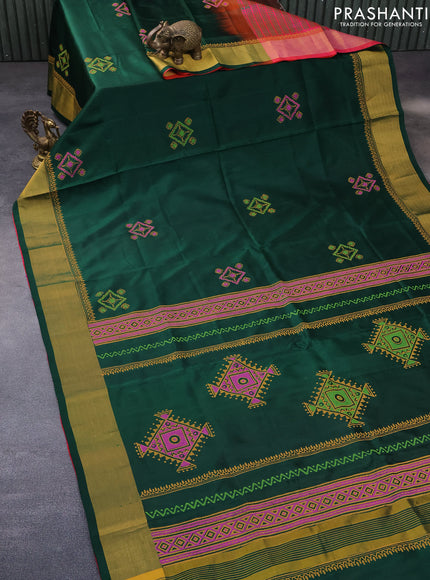 Pure uppada block printed partly saree green and dual shade of pinkish orange with butta prints and zari woven border