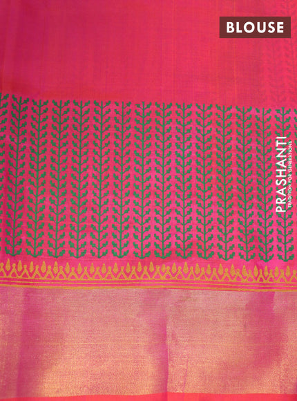 Pure uppada block printed partly saree green and dual shade of pinkish orange with butta prints and zari woven border