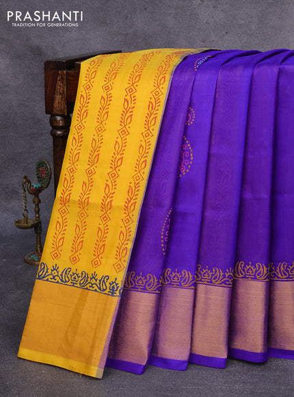 Pure uppada block printed partly saree blue and yellow with butta prints and zari woven border