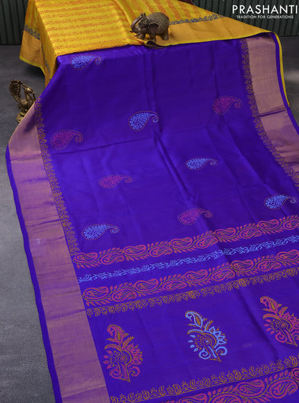 Pure uppada block printed partly saree blue and yellow with butta prints and zari woven border