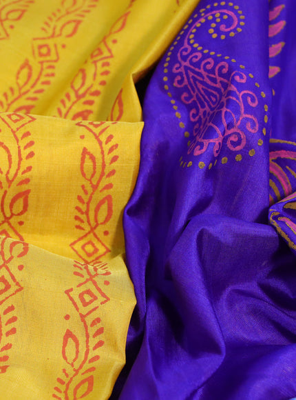 Pure uppada block printed partly saree blue and yellow with butta prints and zari woven border