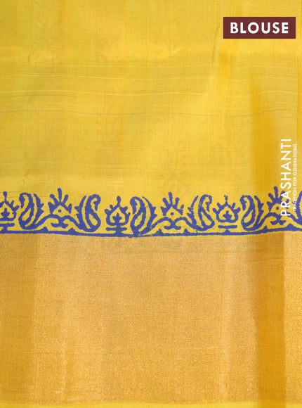 Pure uppada block printed partly saree blue and yellow with butta prints and zari woven border