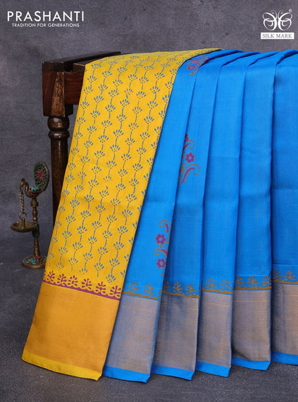 Pure uppada block printed partly saree blue and mustard yellow with butta prints and zari woven border