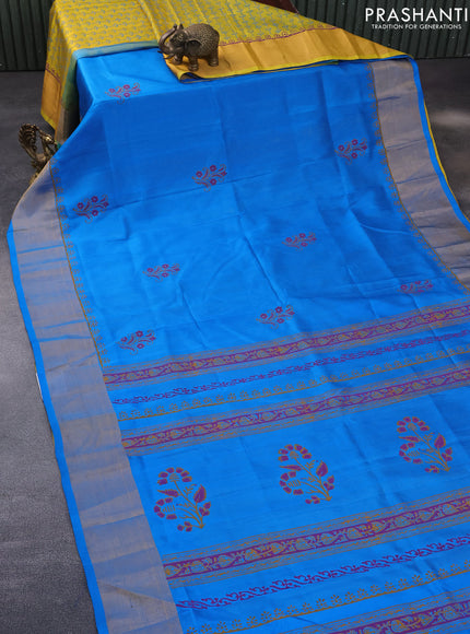 Pure uppada block printed partly saree blue and mustard yellow with butta prints and zari woven border