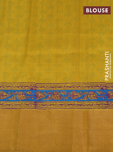 Pure uppada block printed partly saree blue and mustard yellow with butta prints and zari woven border