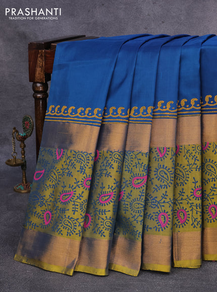 Pure uppada block printed saree peacock blue and dual shade of yellowish blue with plain body and long zari woven printed border