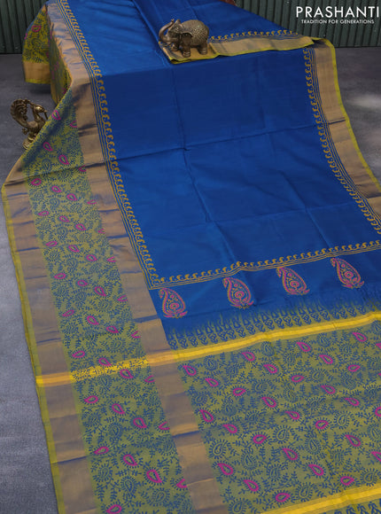 Pure uppada block printed saree peacock blue and dual shade of yellowish blue with plain body and long zari woven printed border