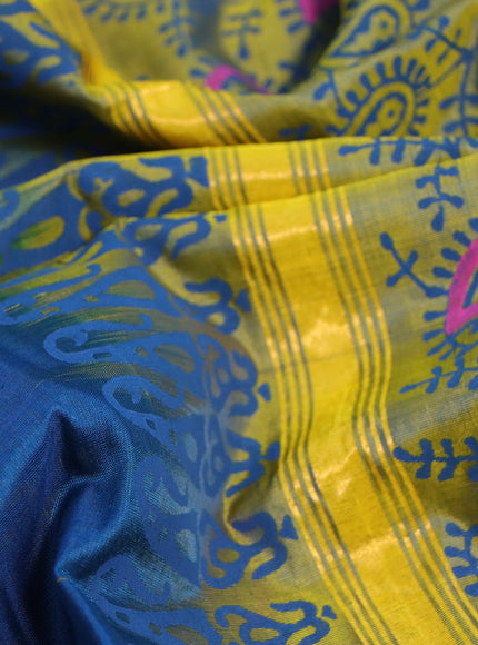 Pure uppada block printed saree peacock blue and dual shade of yellowish blue with plain body and long zari woven printed border