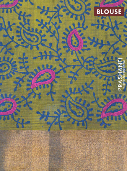 Pure uppada block printed saree peacock blue and dual shade of yellowish blue with plain body and long zari woven printed border