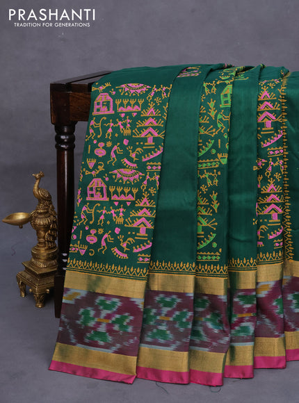 Pure uppada block printed saree green and pink with allover prints and rettapet zari woven ikat style border