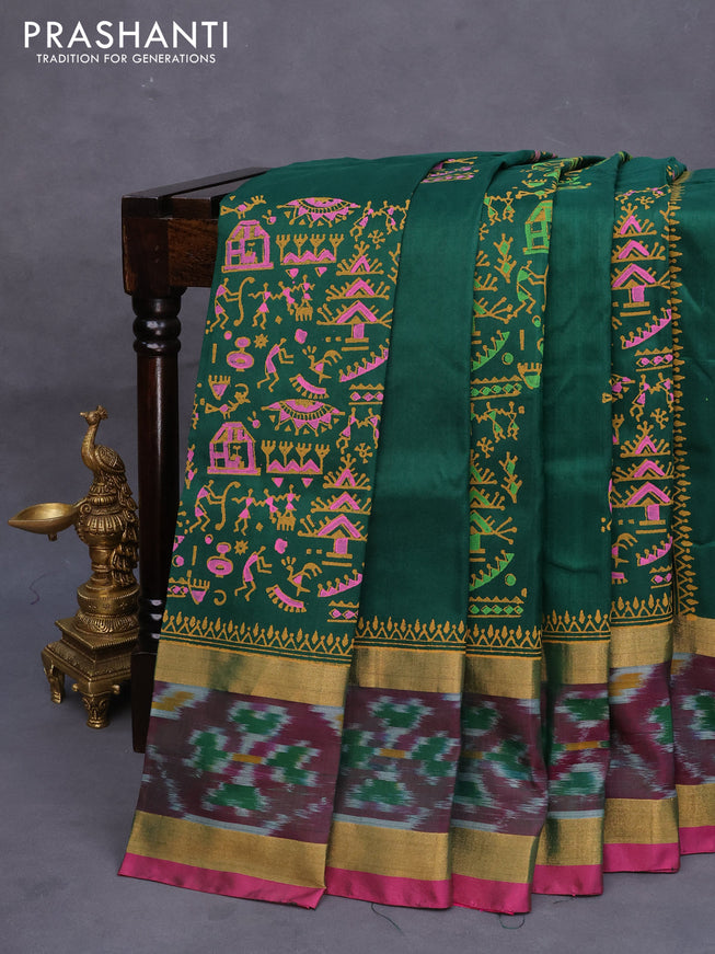 Pure uppada block printed saree green and pink with allover prints and rettapet zari woven ikat style border