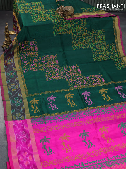 Pure uppada block printed saree green and pink with allover prints and rettapet zari woven ikat style border