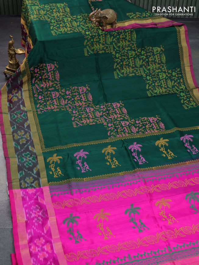 Pure uppada block printed saree green and pink with allover prints and rettapet zari woven ikat style border