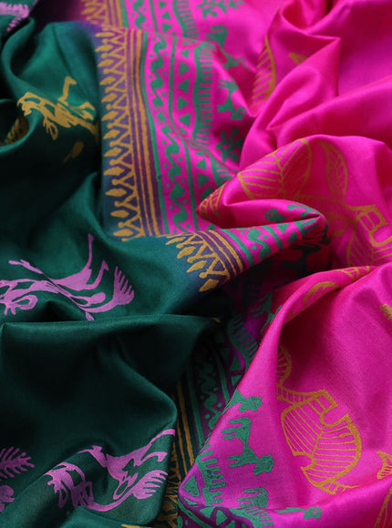 Pure uppada block printed saree green and pink with allover prints and rettapet zari woven ikat style border