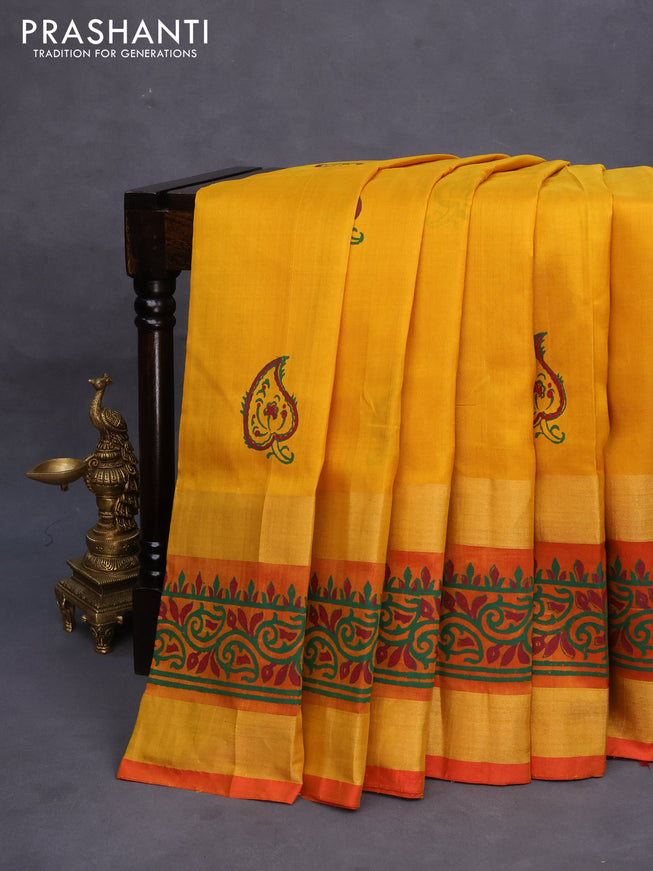 Pure uppada block printed saree mustard yellow and red shade with butta prints and rettapet zari woven printed border