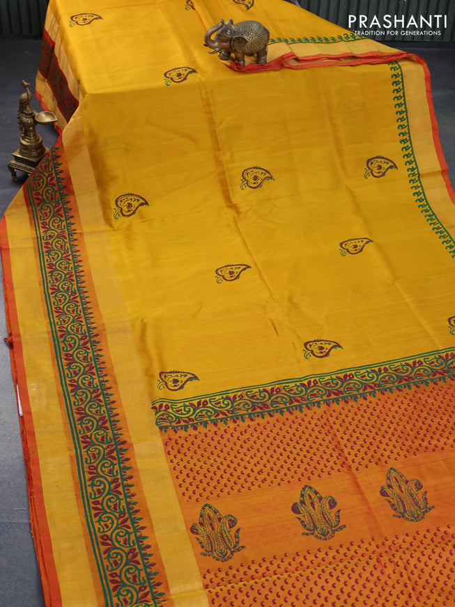 Pure uppada block printed saree mustard yellow and red shade with butta prints and rettapet zari woven printed border