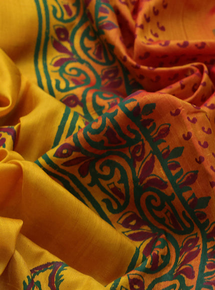 Pure uppada block printed saree mustard yellow and red shade with butta prints and rettapet zari woven printed border