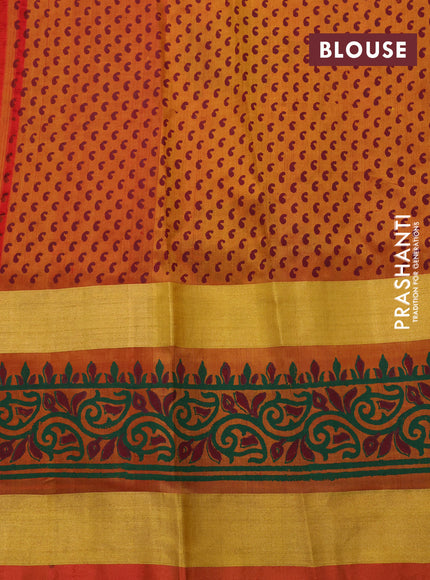 Pure uppada block printed saree mustard yellow and red shade with butta prints and rettapet zari woven printed border