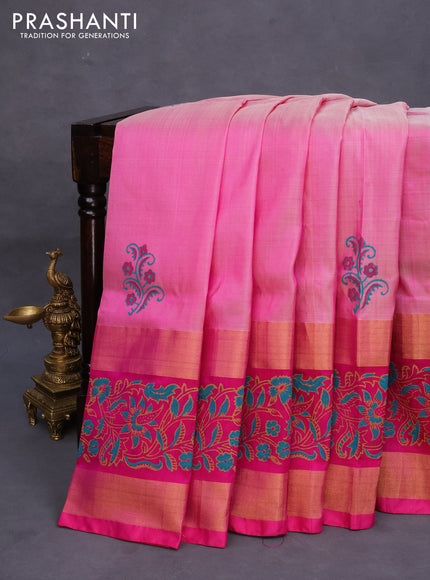 Pure uppada block printed saree light pink and pink with butta prints and rettapet zari woven printed border