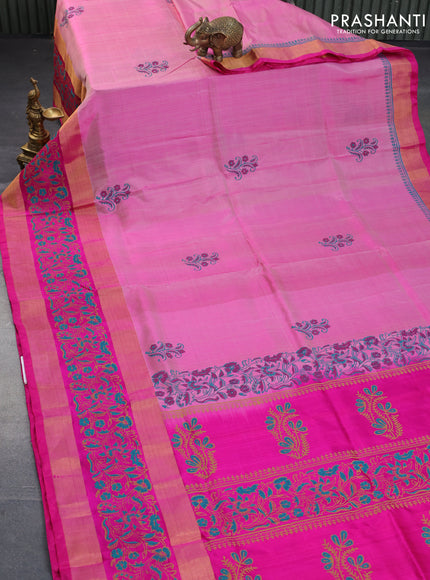 Pure uppada block printed saree light pink and pink with butta prints and rettapet zari woven printed border