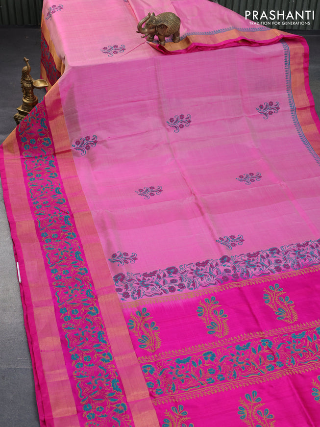 Pure uppada block printed saree light pink and pink with butta prints and rettapet zari woven printed border