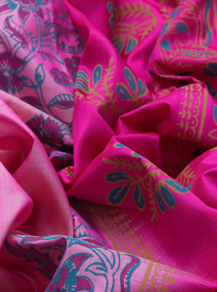 Pure uppada block printed saree light pink and pink with butta prints and rettapet zari woven printed border