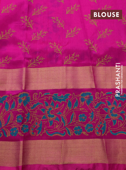 Pure uppada block printed saree light pink and pink with butta prints and rettapet zari woven printed border