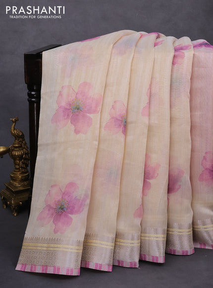 Semi tussar saree cream and pastel pink with allover floral digital prints and zari woven border