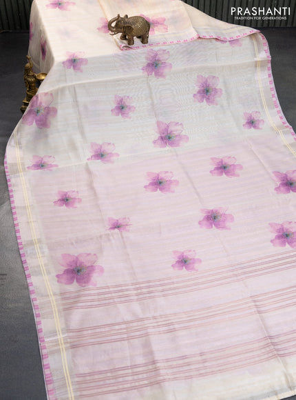 Semi tussar saree cream and pastel pink with allover floral digital prints and zari woven border