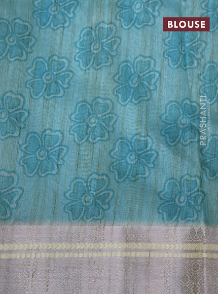 Semi tussar saree cream and teal blue with allover floral digital prints and zari woven border