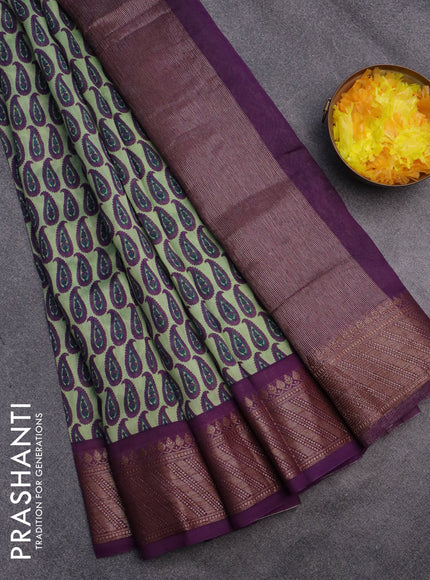 Chanderi silk cotton saree pastel green and purple with allover paisley prints and banarasi style border