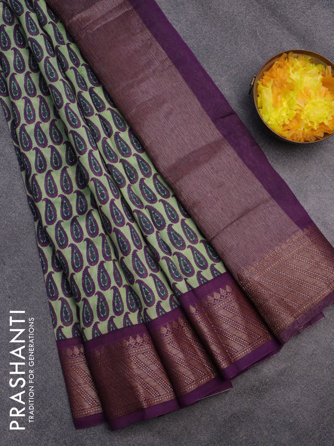 Chanderi silk cotton saree pastel green and purple with allover paisley prints and banarasi style border