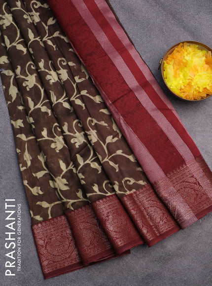 Chanderi silk cotton saree brown and maroon with allover prints and banarasi style border