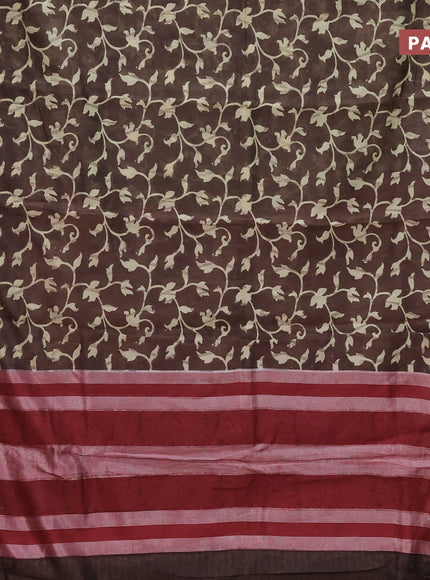 Chanderi silk cotton saree brown and maroon with allover prints and banarasi style border