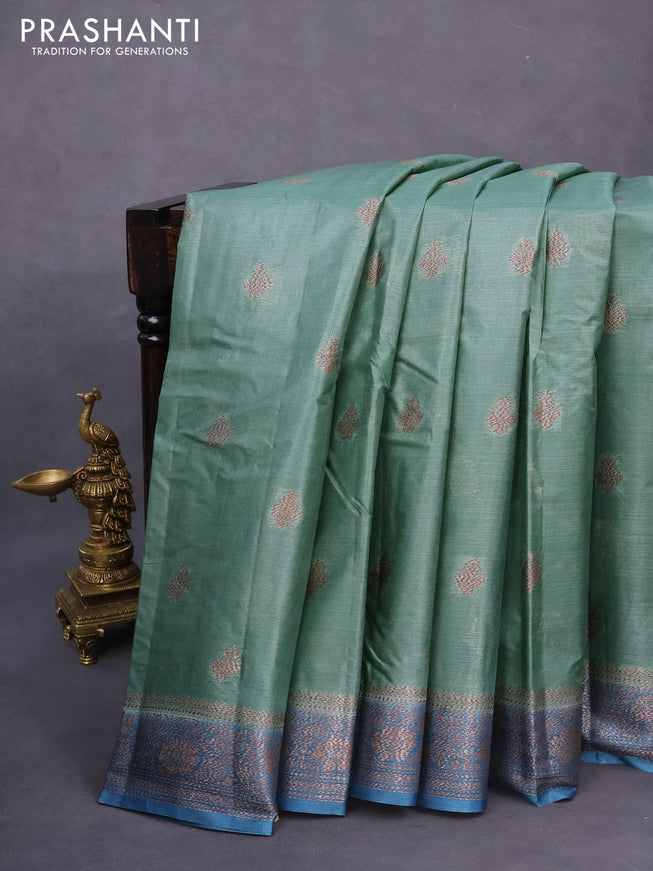 Banarasi tussar silk saree pastel green and blue with allover thread & zari weaves and woven border