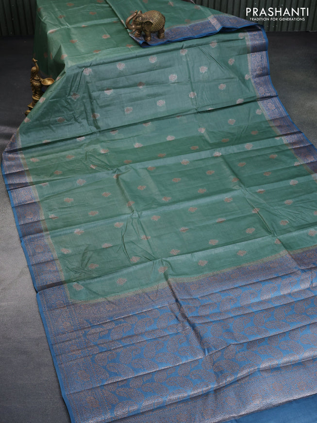 Banarasi tussar silk saree pastel green and blue with allover thread & zari weaves and woven border