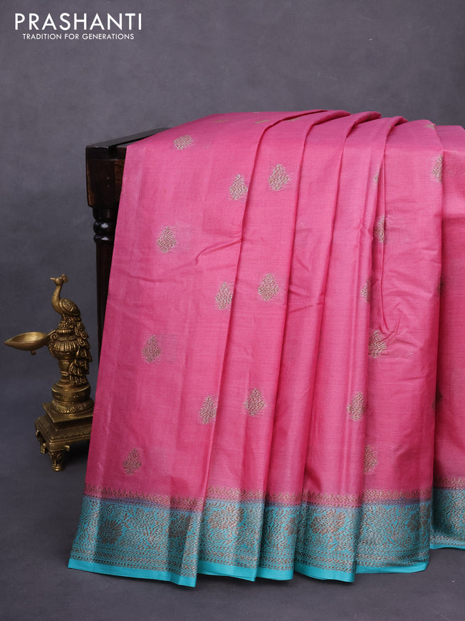 Banarasi tussar silk saree pink and light blue with allover thread & zari weaves and woven border