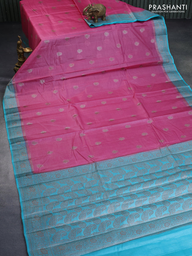 Banarasi tussar silk saree pink and light blue with allover thread & zari weaves and woven border