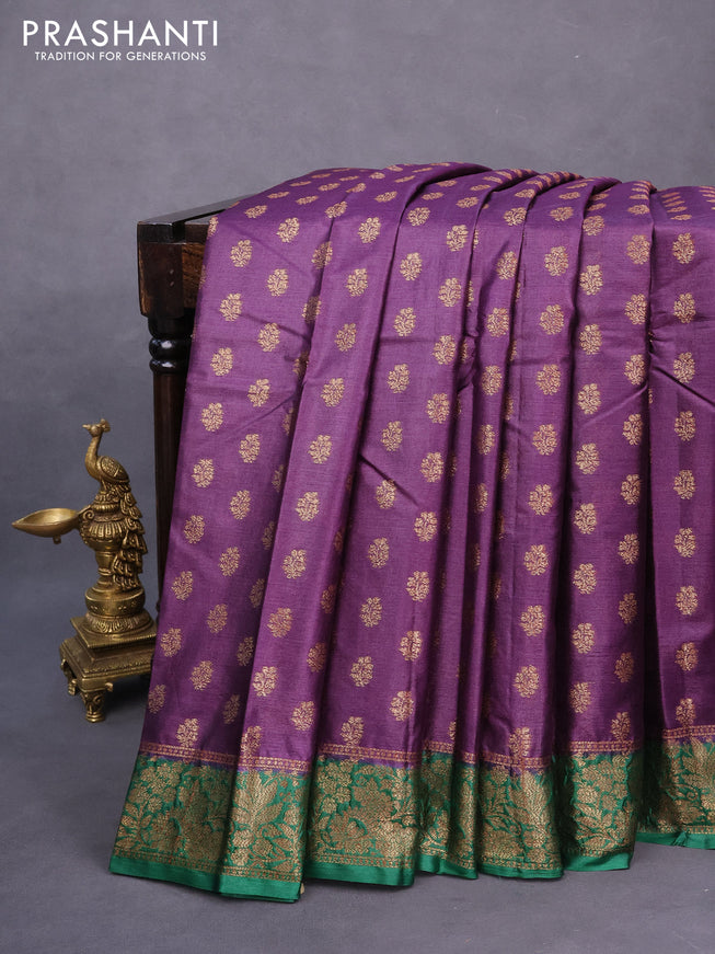 Banarasi tussar silk saree deep purple and green with thread & zari woven buttas and woven border