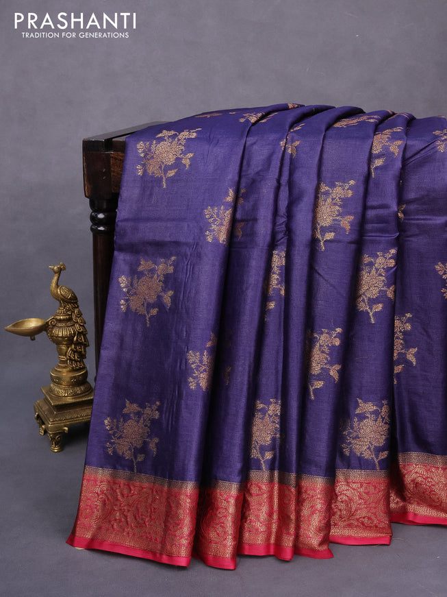 Banarasi tussar silk saree blue and maroon with thread & zari woven buttas and woven border