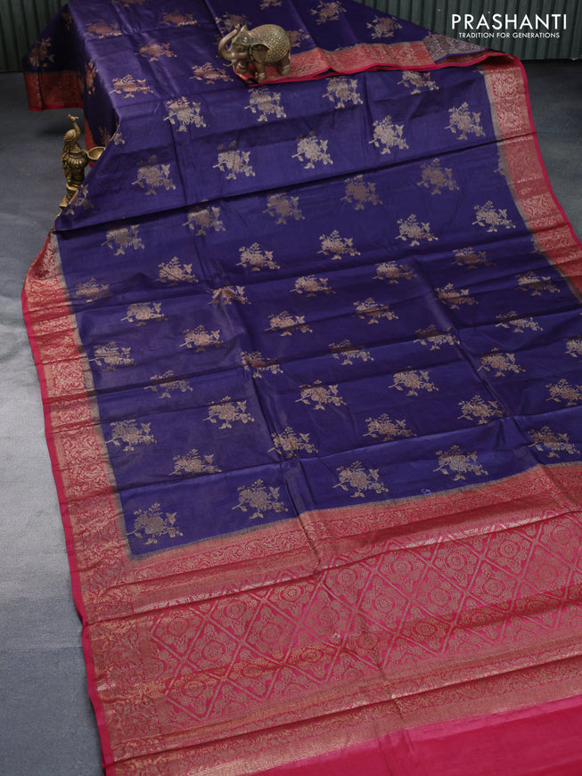 Banarasi tussar silk saree blue and maroon with thread & zari woven buttas and woven border