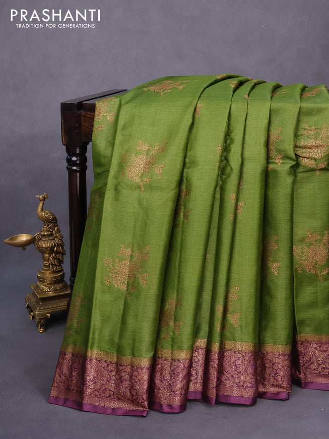 Banarasi tussar silk saree mehendi green and wine shade with thread & zari woven buttas and woven border